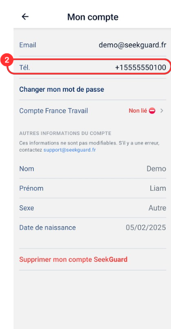 Écran de modification du numéro de téléphone avec l'option 'Modifier mon numéro de téléphone' mise en évidence